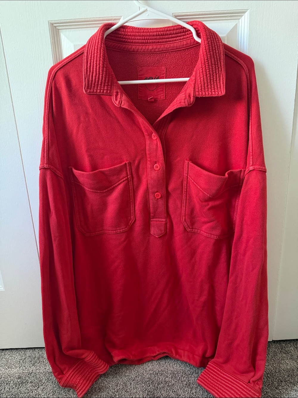aerie Red Long-Sleeve Polo Sweater with Double Chest Pockets